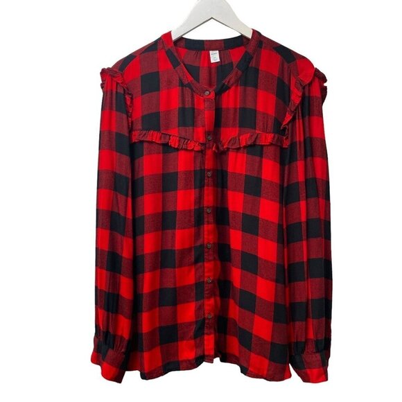 OLD NAVY Buffalo Plaid Ruffle Shirt XXL Rayon Flannel Womens Top - Picture 1 of 9